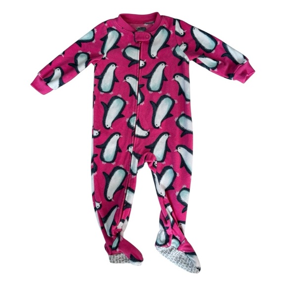 Carter’s Pink Penguin Fleece Pajama Footed Sleeper Zippy Baby Girl 12M - Picture 1 of 2